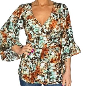 Betsey Johnson Bell Sleeves Wrap Blouse Size Medium Brown Blue